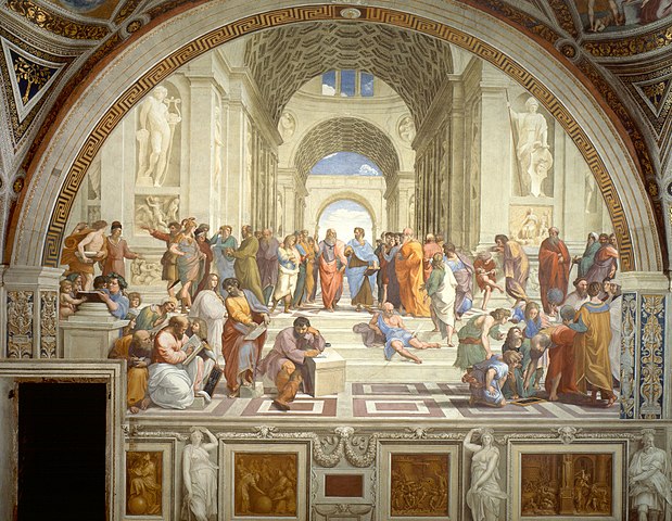 The School of Athens is a painting by Raphael depicting nearly every popular Greek philosopher hanging out and arguing.